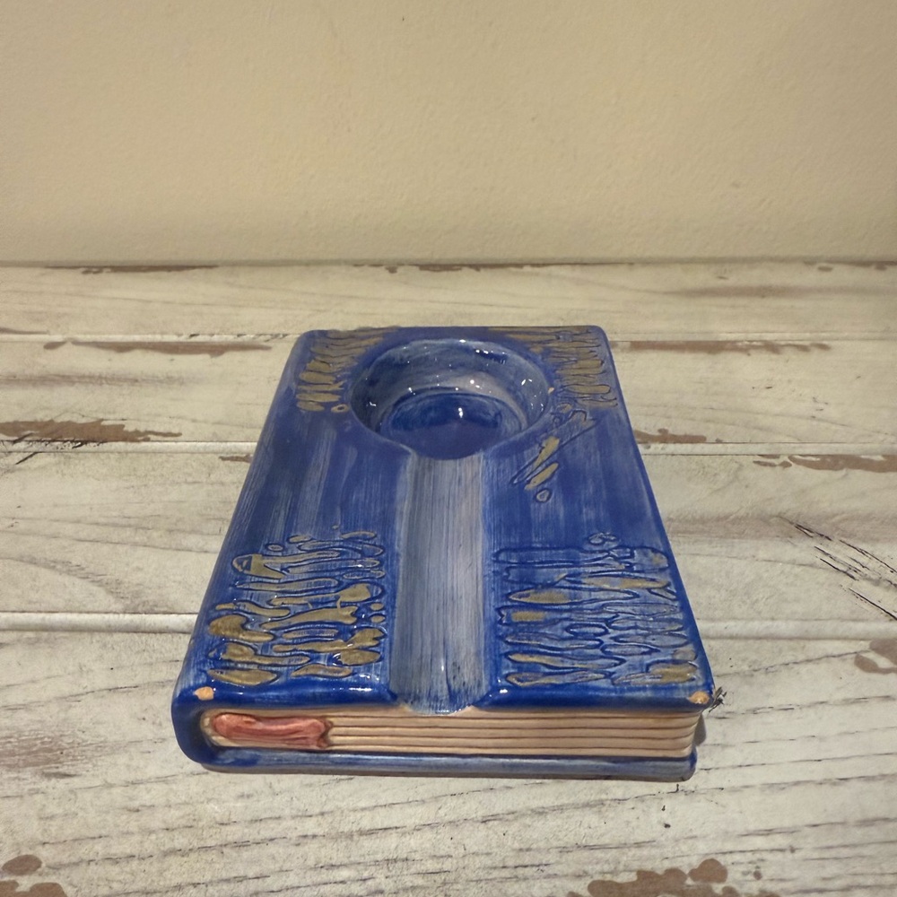 Blue and Gold Ceramic Book Cigar Ashtray